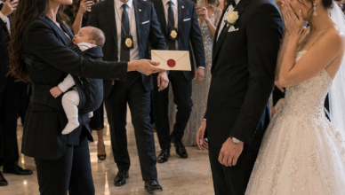 Sei settimane dopo che mio marito aveva cacciato di casa me e la nostra bambina appena nata nel pieno di una violenta tempesta di neve, mi presentai al giorno del suo matrimonio vestita completamente di nero. Stringevo mia figlia addormentata tra le braccia e tenevo una busta sigillata che avrebbe cambiato ogni cosa. Appena mi vide, il suo sorriso scomparve. «Che cosa ci fai qui?» sussurrò con il volto impallidito. Mi avvicinai e risposi con calma: «Sono venuta a portare a termine ciò che hai iniziato.» In quell’istante, la musica si interruppe e nella sala calò un silenzio assoluto.